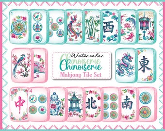 Chinoiserie Watercolor Mahjong Tiles Clipart | Vintage Green Pink Watercolor PNG (Digital Download)