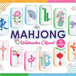 May include: A collection of twelve rectangular mahjong tiles featuring watercolor illustrations of a blue Chinese character, pink flower, blue fan, green bamboo, tulips, purple bow, red knot, cherries, red character, peacock, lantern, and fish.