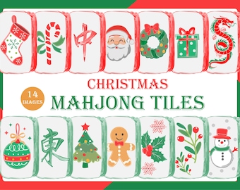 Könnte beinhalten: Eine Sammlung von 14 Weihnachts-Mahjong-Steinen mit festlichen Illustrationen. Jeder Stein zeigt ein einzigartiges Design, darunter ein Strumpf, eine Zuckerstange, der Weihnachtsmann und ein Schneemann. Die Steine sind rot und grün umrandet.