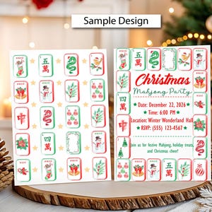 May include: Two rectangular party invitation cards featuring a Christmas Mahjong theme. The cards display watercolor illustrations of holiday icons and Mahjong tiles with red and green borders. Text includes Christmas Mahjong Party, date, time, location, and RSVP details.