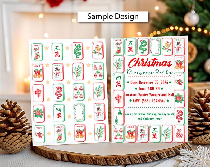 May include: Two rectangular party invitation cards featuring a Christmas Mahjong theme. The cards display watercolor illustrations of holiday icons and Mahjong tiles with red and green borders. Text includes Christmas Mahjong Party, date, time, location, and RSVP details.
