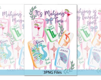 Clipart de Mahjong em Aquarela: Desenhos de Peças com Citações (Arquivos 3PNG)