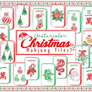May include: A collection of rectangular Mahjong tiles featuring watercolor Christmas illustrations including Santa, trees, ornaments, and candy canes. A central red-bordered sign displays the text Watercolor Christmas Mahjong Tiles.