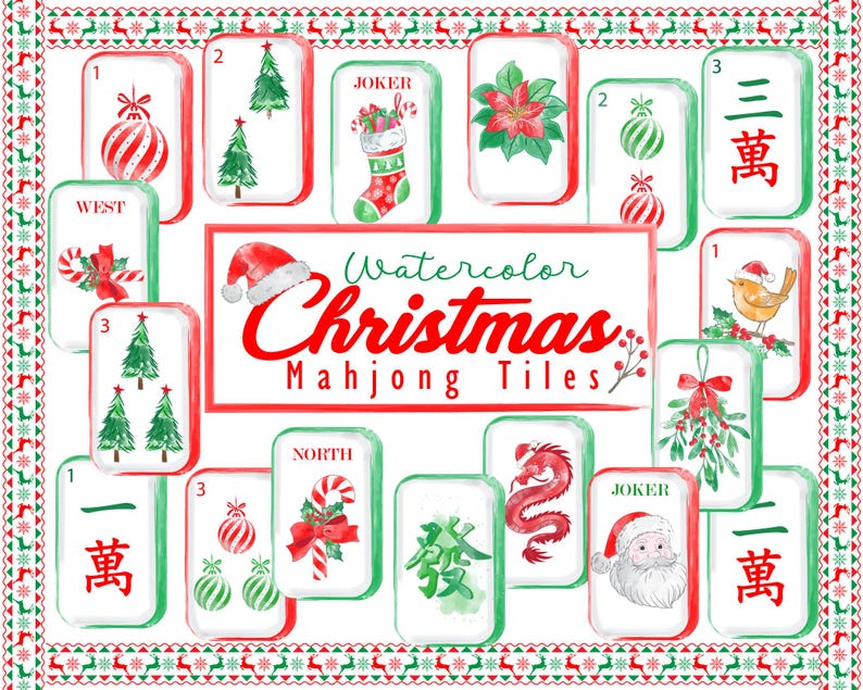 May include: A collection of rectangular Mahjong tiles featuring watercolor Christmas illustrations including Santa, trees, ornaments, and candy canes. A central red-bordered sign displays the text Watercolor Christmas Mahjong Tiles.