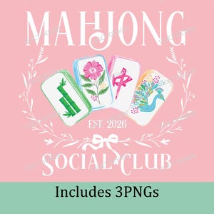 Puede incluir: Fondo rosa con las palabras blancas &laquo;MAHJONG SOCIAL CLUB&raquo;. La imagen presenta cuatro fichas de Mahjong ilustradas con dise&ntilde;os florales y de bamb&uacute;. Tambi&eacute;n se incluye el texto &laquo;EST. 2026&raquo;.