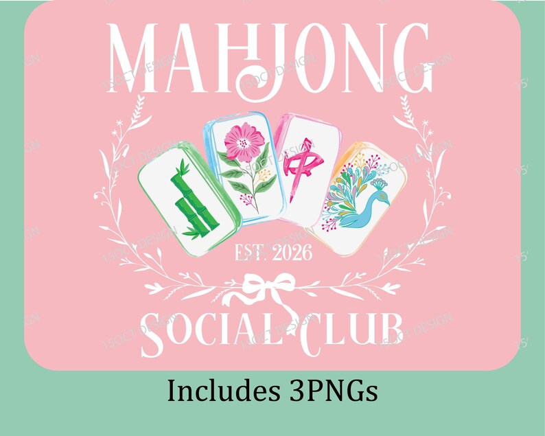 Puede incluir: Fondo rosa con las palabras blancas &laquo;MAHJONG SOCIAL CLUB&raquo;. La imagen presenta cuatro fichas de Mahjong ilustradas con dise&ntilde;os florales y de bamb&uacute;. Tambi&eacute;n se incluye el texto &laquo;EST. 2026&raquo;.