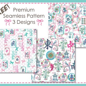 May include: Three seamless digital patterns featuring Mahjong tiles, bamboo stalks, cherry blossoms, pagodas, koi fish, and birds in pink, blue, and green. The text reads FREE! Premium Seamless Pattern 3 Designs with pink bow icons.