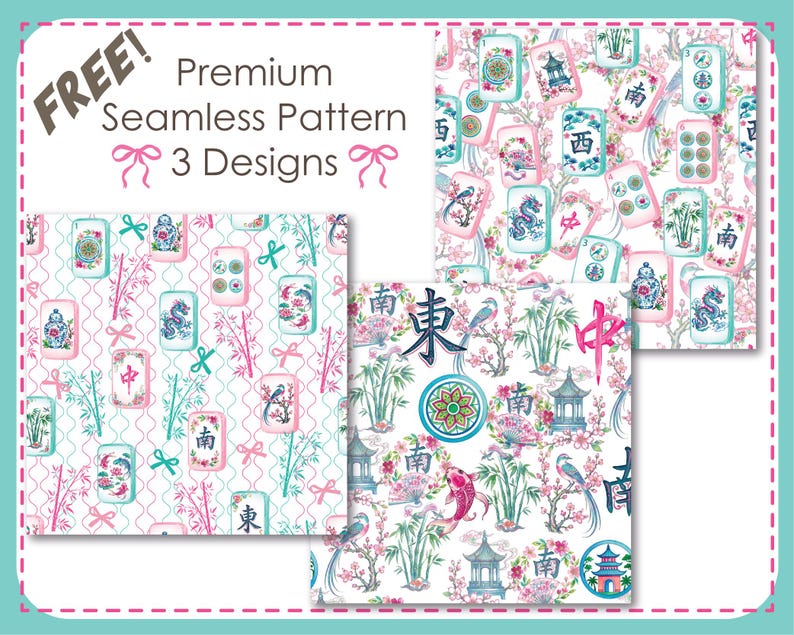 May include: Three seamless digital patterns featuring Mahjong tiles, bamboo stalks, cherry blossoms, pagodas, koi fish, and birds in pink, blue, and green. The text reads FREE! Premium Seamless Pattern 3 Designs with pink bow icons.