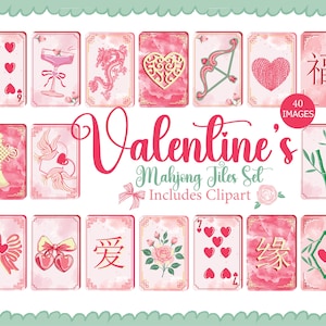 May include: A set of 20 Valentine's Mahjong tiles with watercolor illustrations. The tiles feature hearts, bows, Chinese characters, and other romantic symbols in shades of pink and red. The text "Valentine's Mahjong Tiles Set" is displayed.