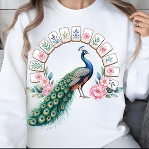 Mahjong Queen Clipart: Watercolor Peacock with Floral Mahjong Tiles (8 PNG Files, 3 Quotes) image 9