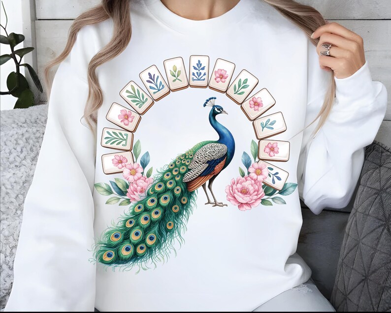 Mahjong Queen Clipart: Watercolor Peacock with Floral Mahjong Tiles (8 PNG Files, 3 Quotes) image 9