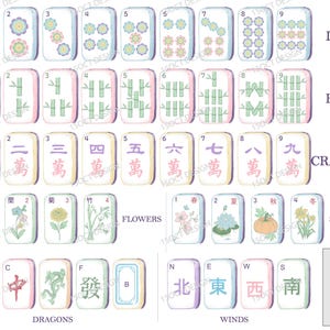 May include: A complete set of Mahjong tiles arranged in rows, featuring Dots, Bams, Cracks, Flowers, Seasons, Dragons, Winds, and Joker tiles. Each tile displays distinct colourful illustrations, Chinese characters, or letters, with labels for each category.