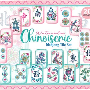 May include: A set of twenty Mahjong tiles featuring watercolor Chinoiserie designs. The tiles display various illustrations including a dragon, phoenix, koi fish, bamboo, pagodas, floral patterns, and Chinese characters, all framed by a pink and teal border.