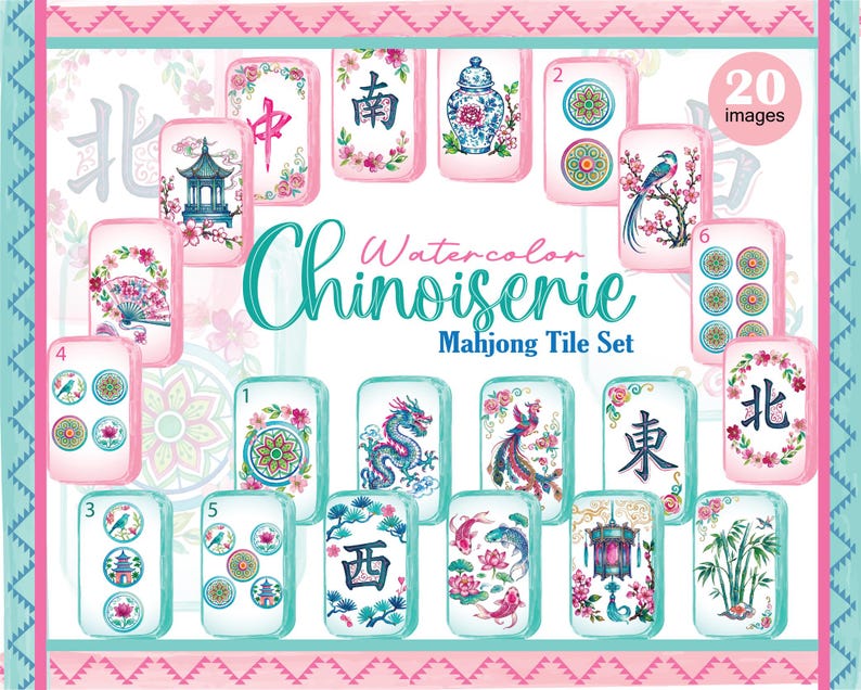 May include: A set of twenty Mahjong tiles featuring watercolor Chinoiserie designs. The tiles display various illustrations including a dragon, phoenix, koi fish, bamboo, pagodas, floral patterns, and Chinese characters, all framed by a pink and teal border.
