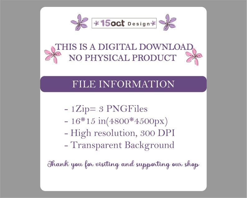 Puede incluir: Una tarjeta de informaci&oacute;n de producto de descarga digital con fondo blanco y detalles morados. La tarjeta incluye el texto "THIS IS A DIGITAL DOWNLOAD NO PHYSICAL PRODUCT" y detalles del archivo, incluido el tama&ntilde;o (40.6x38.1 cm) y la resoluci&oacute;n.