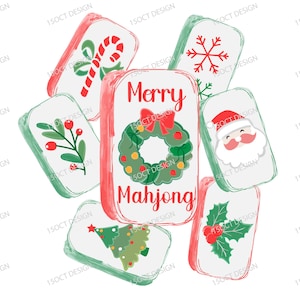 May include: A collection of Christmas-themed Mahjong tiles. Each tile features festive designs like a candy cane, snowflake, Santa Claus, Christmas tree, holly, and a wreath. The central tile reads "Merry Mahjong" in red.
