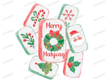 May include: A selection of Christmas-themed Mahjong tiles. Each tile displays festive designs such as a candy cane, snowflake, Santa Claus, Christmas tree, holly, and a wreath. The central tile reads "Merry Mahjong" in red.