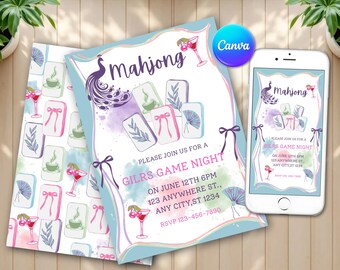 Mahjong Invitation Card Editable PDF | Girls Game Night Party Template(Digital Download)