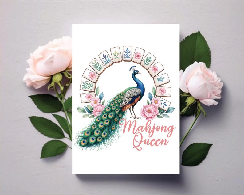 May include: A white card featuring a peacock illustration with a blue and green body and a long, ornate tail. The text "Mahjong Queen" is written in pink script. The design includes a semi-circle of mahjong tiles and pink flowers.