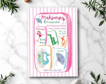 Mahjong & Margarita Invitation: Pastel Watercolor Template (Digital Download)
