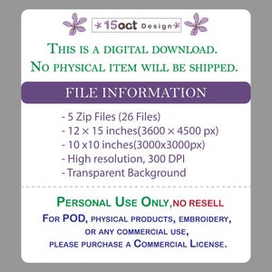 May include: A rectangular digital download information card with purple and green text on a white background. It features the text 15oct Design, file details including 5 zip files, 12x15 inches, 10x10 inches, 300 DPI, and personal use terms.