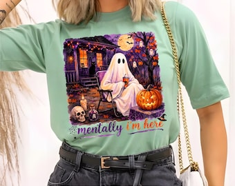 Mentally I'm Here Halloween Mahjong PNG, Spooky Ghost Pumpkin Sublimation Clipart