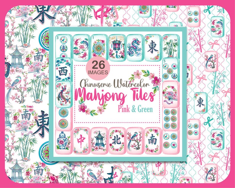 May include: A digital collection of 26 Chinoiserie watercolor Mahjong tiles in pink and green. The central square features various tiles with dragon, floral, and pagoda motifs, surrounded by a repeating pattern of birds, bamboo, and fans.