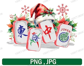 May include: A festive illustration featuring four Mahjong tiles, a Santa hat, and Christmas decorations. The tiles display Chinese characters and a "JOKER" tile with a green and blue design. Red poinsettias and snowflakes complete the holiday theme.