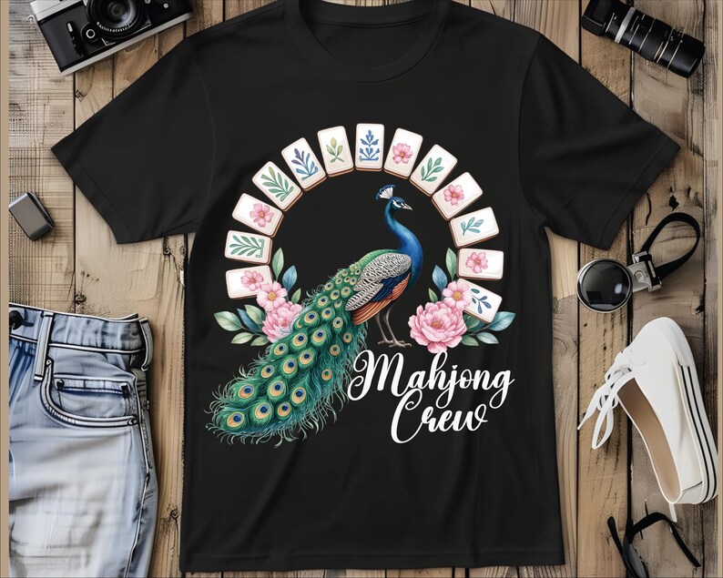 Mahjong Queen Clipart: Watercolor Peacock with Floral Mahjong Tiles (8 PNG Files, 3 Quotes) image 14