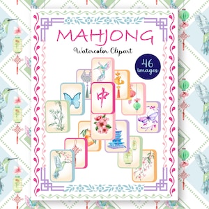 Op de afbeelding: Watercolor clipart set met Mahjong tegels met diverse illustraties, waaronder vlinders, bloemen en Chinese symbolen. Het ontwerp bevat een kolibrie- en lantaarnpatroon, met de tekst "MAHJONG Watercolor Clipart" en "46 images".