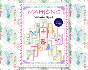 Watercolor Mahjong Clipart Set: Tiles, Borders, Patterns (PNG, JPG Digital Download)