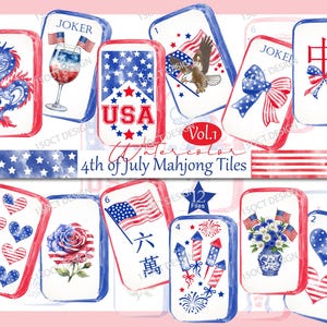 Pode incluir: Uma coleção de peças de Mahjong em aquarela com temas de 4 de julho, incluindo um dragão, bandeiras americanas, uma águia-careca, fogos de artifício, corações e arranjos florais. O texto diz Vol.1 Watercolor 4th of July Mahjong Tiles.