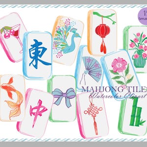 Pode incluir: Clipart em aquarela de doze pe&ccedil;as de Mahjong ilustradas. Cada pe&ccedil;a apresenta um design &uacute;nico, incluindo um coquetel, um pav&atilde;o, uma lanterna, flores, um leque, um peixe koi e caracteres chineses. O texto "MAHJONG TILES Watercolor Clipart" tamb&eacute;m est&aacute; presente.