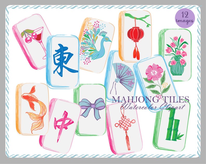Pode incluir: Clipart em aquarela de doze pe&ccedil;as de Mahjong ilustradas. Cada pe&ccedil;a apresenta um design &uacute;nico, incluindo um coquetel, um pav&atilde;o, uma lanterna, flores, um leque, um peixe koi e caracteres chineses. O texto "MAHJONG TILES Watercolor Clipart" tamb&eacute;m est&aacute; presente.