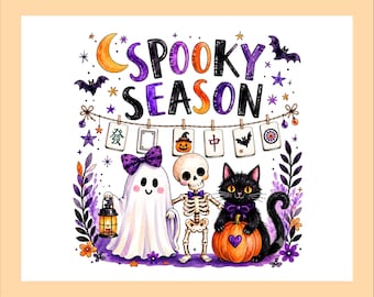 Spooky Season Halloween Mahjong Tile PNG Bundle, Ghost Black Cat Watercolor Clipart, Sublimation Design