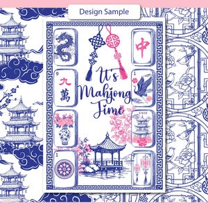 May include: A rectangular print featuring the text It's Mahjong Time surrounded by illustrations of mahjong tiles, a pagoda, and floral motifs in blue and pink. The design is framed by a geometric border against a blue and white patterned background.