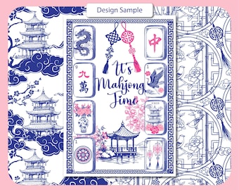 Chinoiserie Mahjong Tiles Clipart | Vintage Blue Pink Watercolor PNG Digital Download, Mahjong Pattern