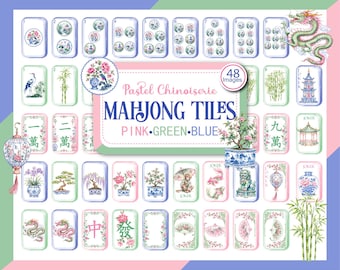 Pastel Chinoiserie Mahjong Tiles PNG Printable Watercolor Clipart Digital Download