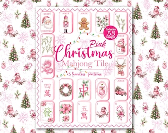 Pink Christmas Mahjong Tile Clipart Set, Holiday PNG, Kawaii Patterns (Digital Download)
