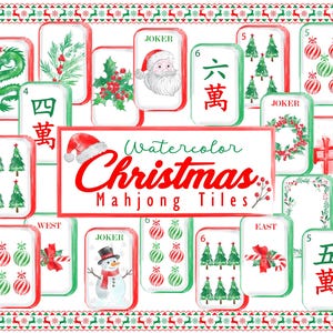 Watercolor Christmas Mahjong Tiles PNG, Holiday Graphics, Xmas Sublimation, Border,Frames & Seamless Patterns image 4