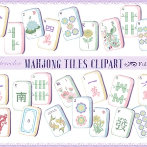 May include: A collection of watercolour Mahjong tiles featuring various designs including Chinese characters, bamboo stalks, flowers, a peacock, a dragon, and koi fish. The text "Watercolor MAHJONG TILES CLIPART Full Set" is centred in the middle of the image.