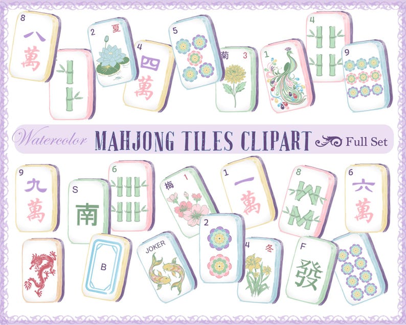 May include: A collection of watercolour Mahjong tiles featuring various designs including Chinese characters, bamboo stalks, flowers, a peacock, a dragon, and koi fish. The text "Watercolor MAHJONG TILES CLIPART Full Set" is centred in the middle of the image.