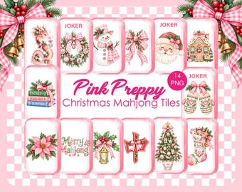 Pink Preppy Christmas Mahjong Tiles PNG Digital Download