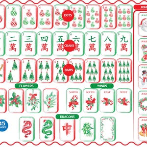 Watercolor Christmas Mahjong Tiles PNG, Holiday Graphics, Xmas Sublimation, Border,Frames & Seamless Patterns image 2