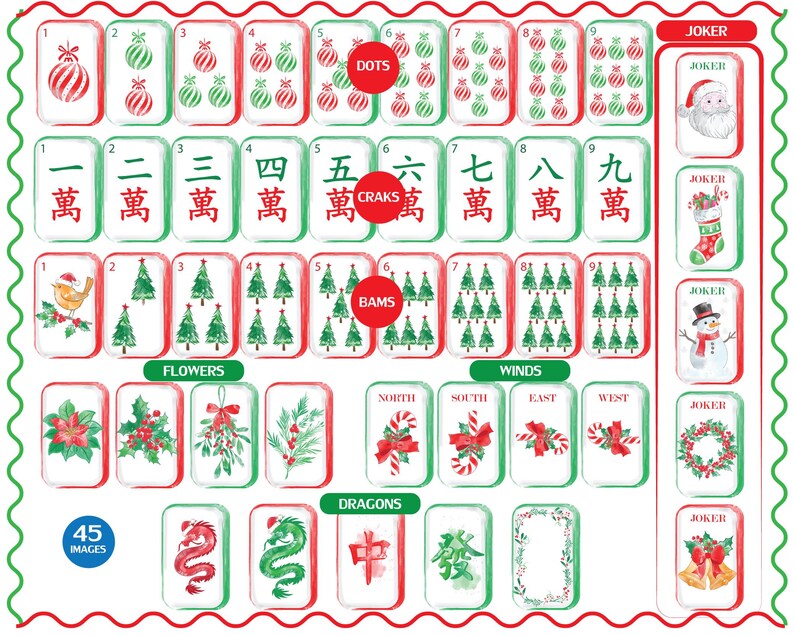 Watercolor Christmas Mahjong Tiles PNG, Holiday Graphics, Xmas Sublimation, Border,Frames & Seamless Patterns image 2