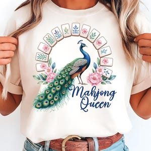 Mahjong Queen Clipart: Watercolor Peacock with Floral Mahjong Tiles (8 PNG Files, 3 Quotes) image 1