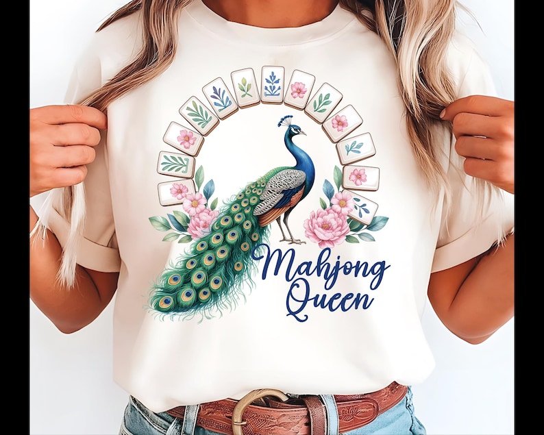 Mahjong Queen Clipart: Watercolor Peacock with Floral Mahjong Tiles (8 PNG Files, 3 Quotes) image 1