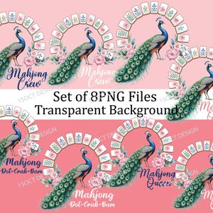 Mahjong Queen Clipart: Watercolor Peacock with Floral Mahjong Tiles (8 PNG Files, 3 Quotes) image 2