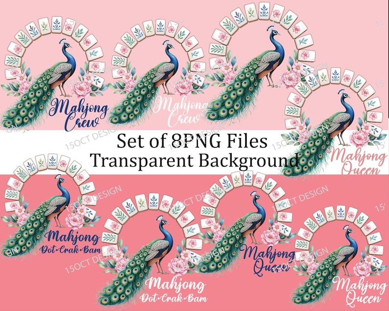 Mahjong Queen Clipart: Watercolor Peacock with Floral Mahjong Tiles (8 PNG Files, 3 Quotes) image 2