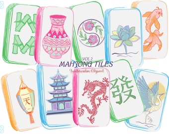 Mahjong akvarell Clipart – Handmålade kakelplattor | 12 PNG-filer | Digital nedladdning